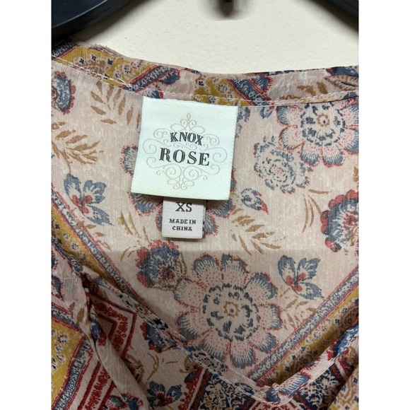 Knox Rose Boho Floral Blouse XS Sheer Long Sleeve V Neck Peplum Top Hippie - Picture 4 of 6